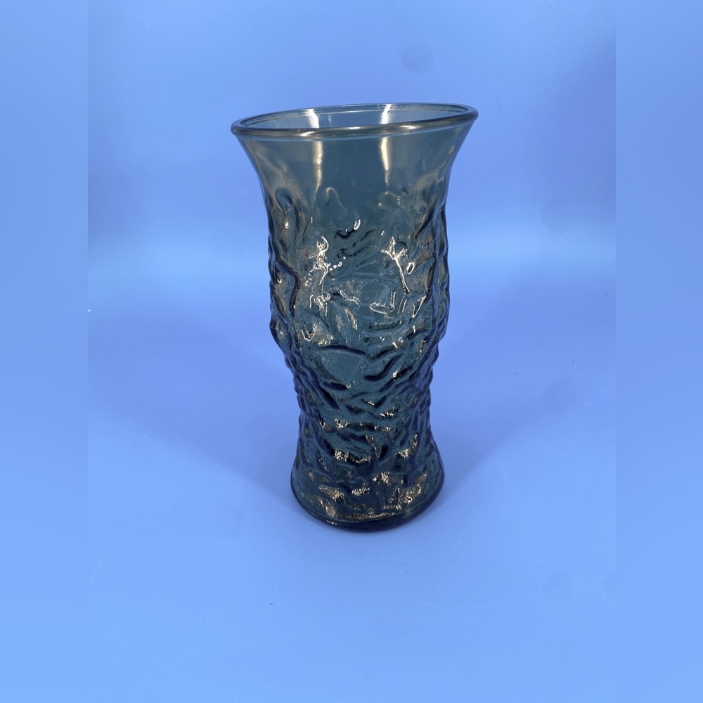 Vintage E.O. Brody Co. Smoke Crinkle Glass Flower Vase 9.5”